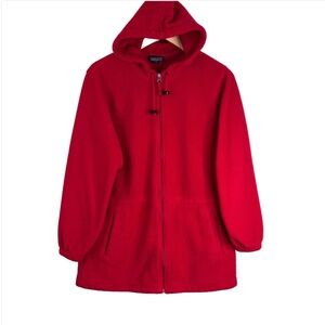 VTG 90s Lands End Red Fleece Hooded Jacket L Long Full Zip Pockets Fall Cabin